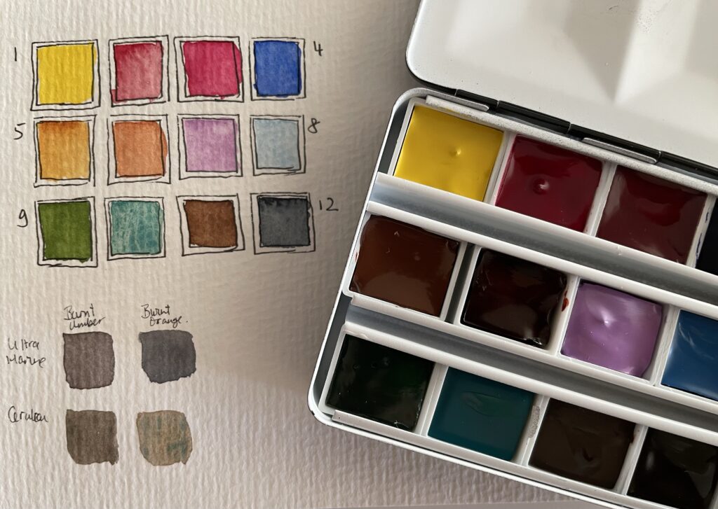 Water colour palette with 12 colours and swatch